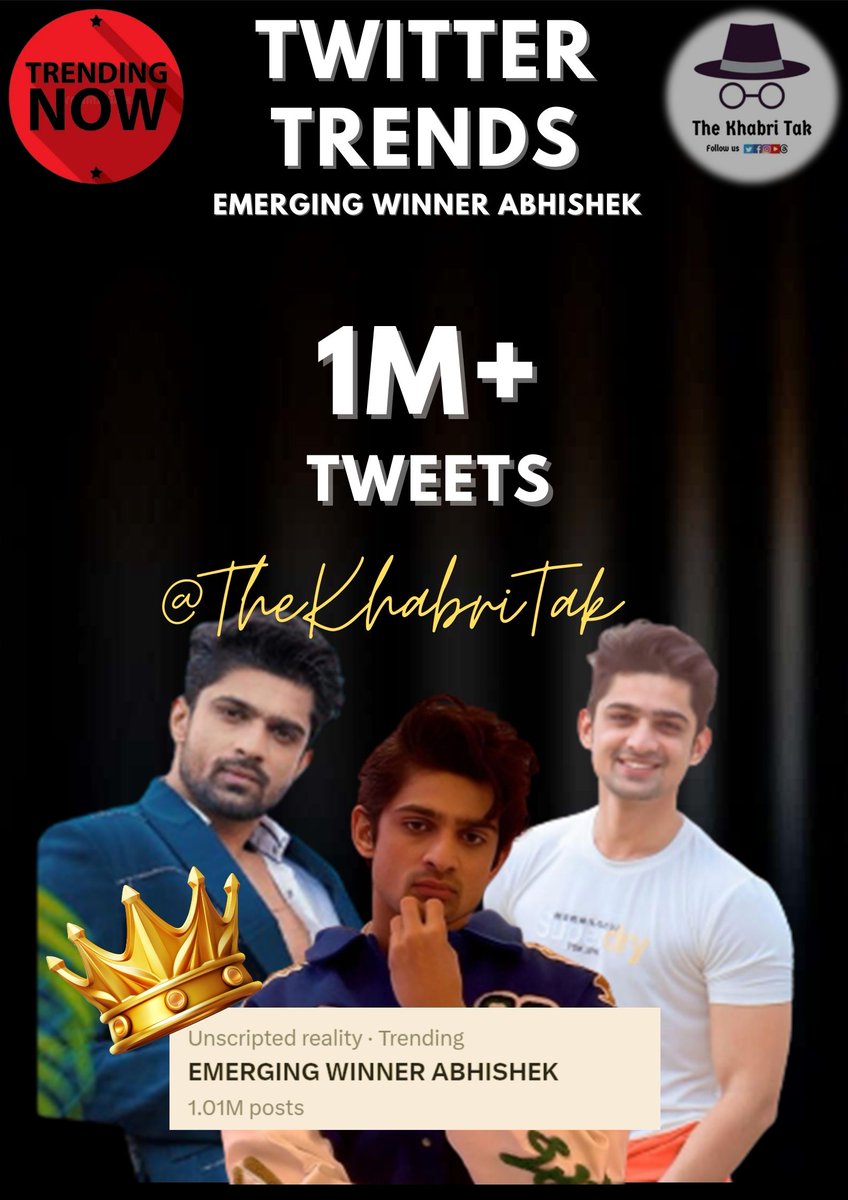 TheKhabriTak's tweet photo. Latest : EMERGING WINNER ABHISHEK crossed 10 Lakhs tweets as #AbhishekKumar fans creates history today✨🤍

1 Huge Million tweets for @Abhishekkuma08👏

#BB17 #BiggBoss #BiggBoss17 https://t.co/JqLlE26ANS