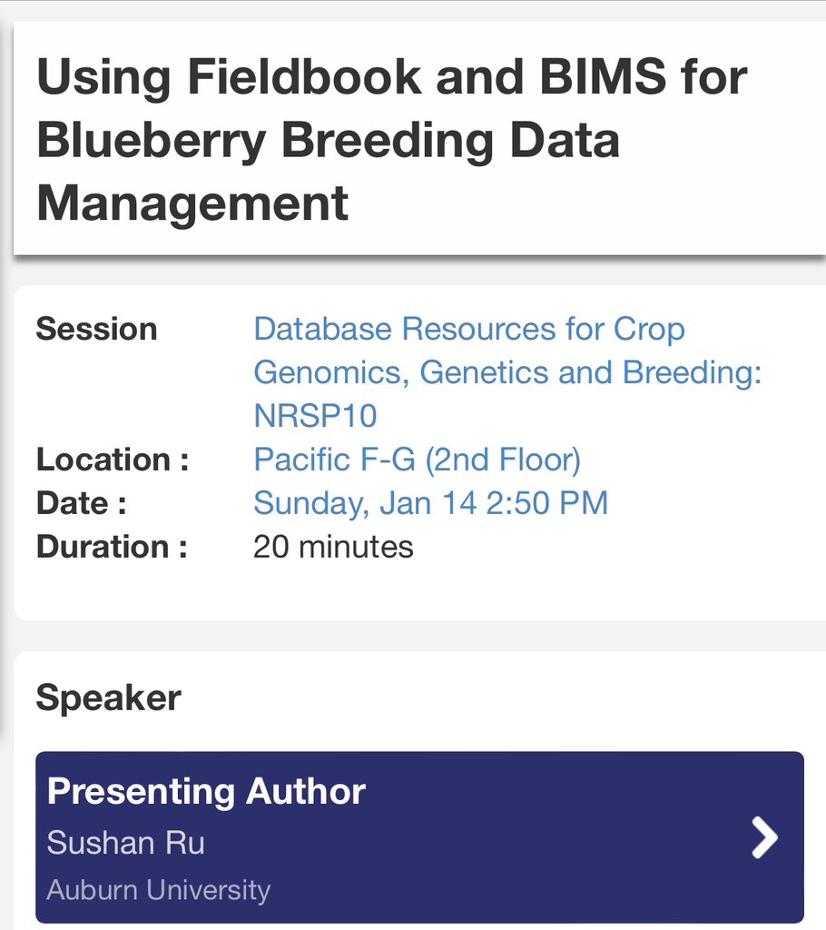 RuSushan's tweet photo. For those of you attending PAG, I will give an oral presentation on using Field Book App and BIMS for blueberry data management. Join me this Sunday, 2:50pm in Pacific F-G! #PAG31 https://t.co/b5Ch3nkOJF
