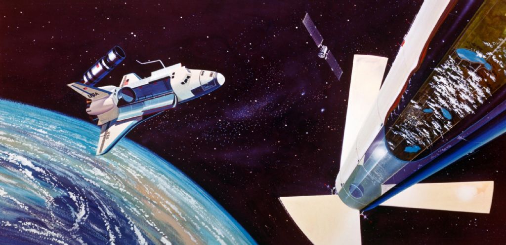 mikusingularity's tweet image. Japanese illustration of a Space Shuttle orbiter releasing a satellite near an O'Neill cylinder
(source: JAXA Digital Archives)