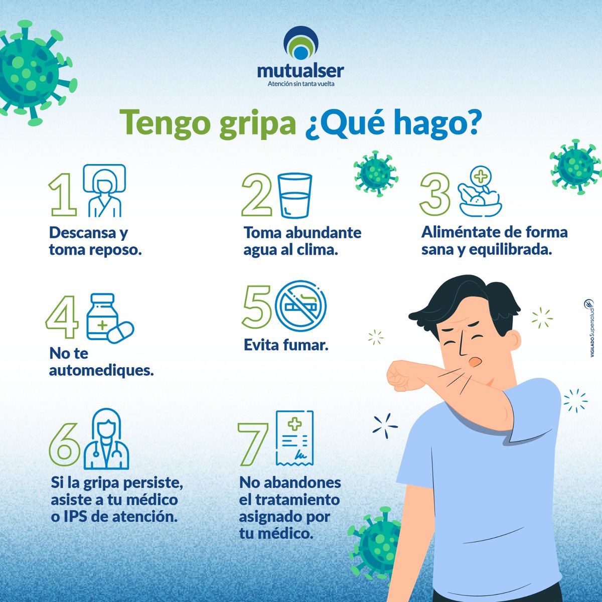 La gripa se propaga fácilmente entre las personas cuando tosen o estornudan. La vacunación es la mejor manera de prevenir la enfermedad. Los síntomas de la gripa son: inicio de fiebre, tos, dolor de garganta, dolor corporal y fatiga. ¡Sigue estas recomendaciones! #mutualser