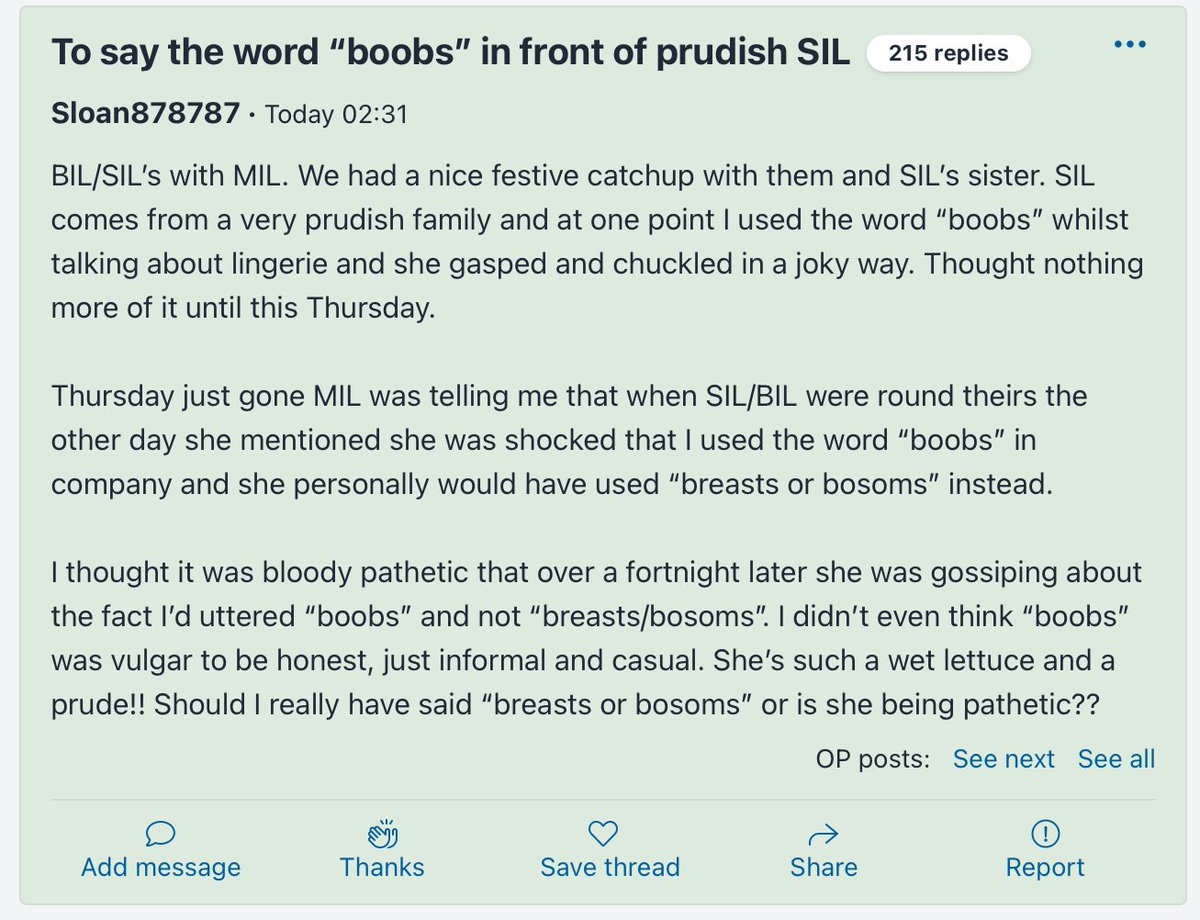“she was shocked that I used the word “boobs” in company”
