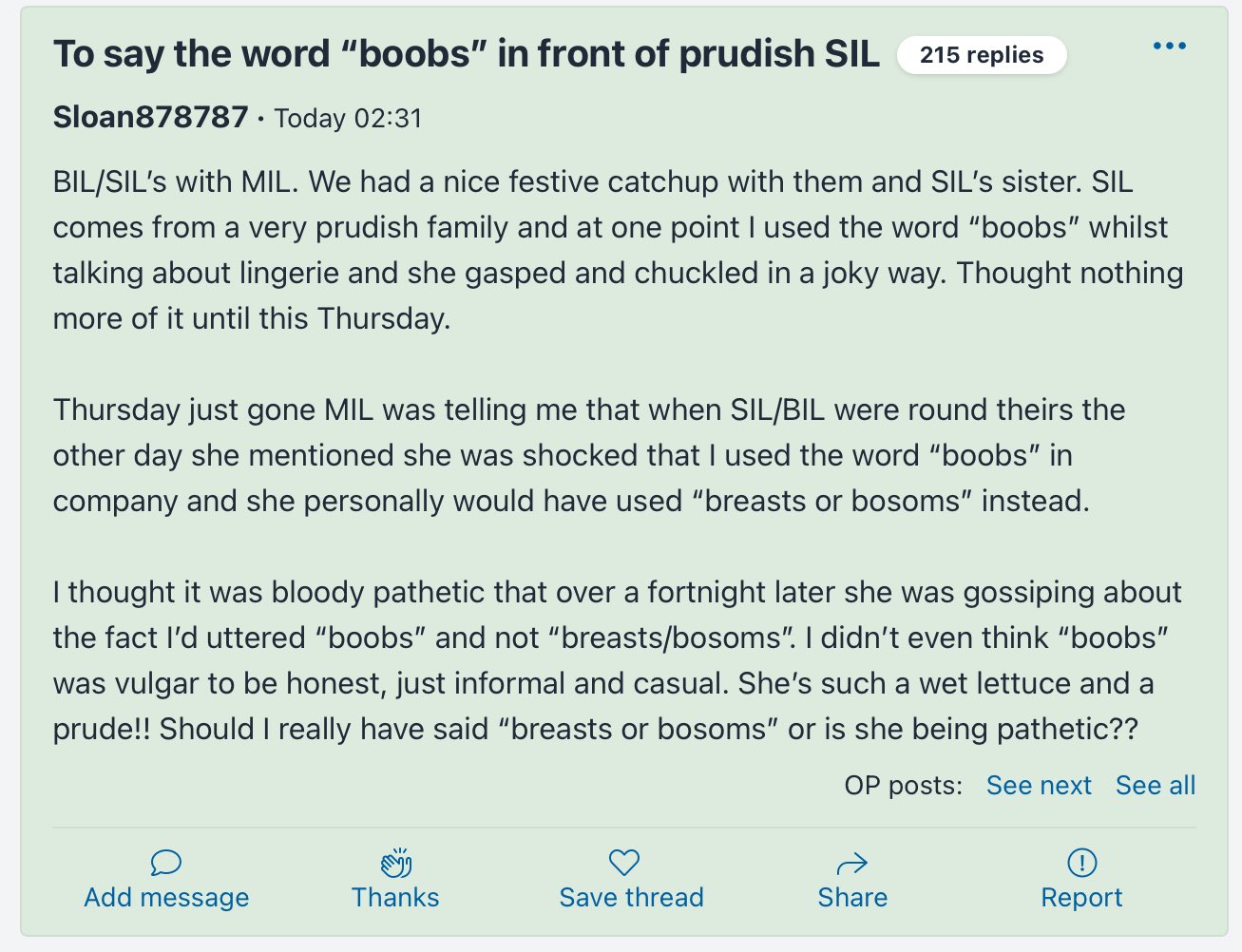 Mumsnet Madness on X: “she was shocked that I used the word “boobs” in  company”  / X