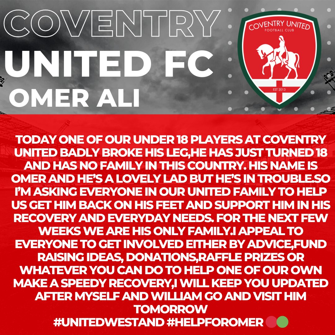 CovUnited's tweet photo. Club appeal from Co owner Nigel Ward 
#WeAreUnited 
#UnitedWeStand 
#HelpForOmer https://t.co/mpQ0ctxEpU