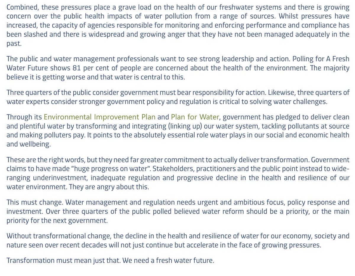 DaveThroup's tweet photo. The introduction to this independent @CIWEM led review of the water environment nails it.

https://t.co/iNwSJ6EC9u

14 years into a Government allegedly committed to be the first to leave the environment in a better place than it found it, it’s excoriating. https://t.co/8Drf7EzyNM