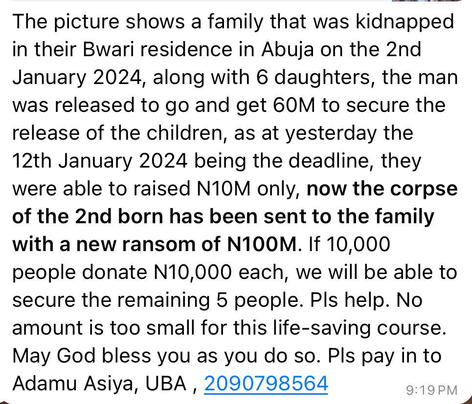 CaptJamyl's tweet photo. I recieved this message and the best I can do asides contributing is sharing it. Many hands are better than one hand. Pls 🙏🏾🙏🏾🙏🏾 let’s help the lives of the remaining 5 🙏🏾🙏🏾🙏🏾

May Allah’s will be done in their lives ameen

I hope and pray Fraudsters won’t take advantage of this, peoples lives are at stake please no use am play abeg, incase you dey think am 

UBA 2090798564
X do your thing
♥️♥️♥️