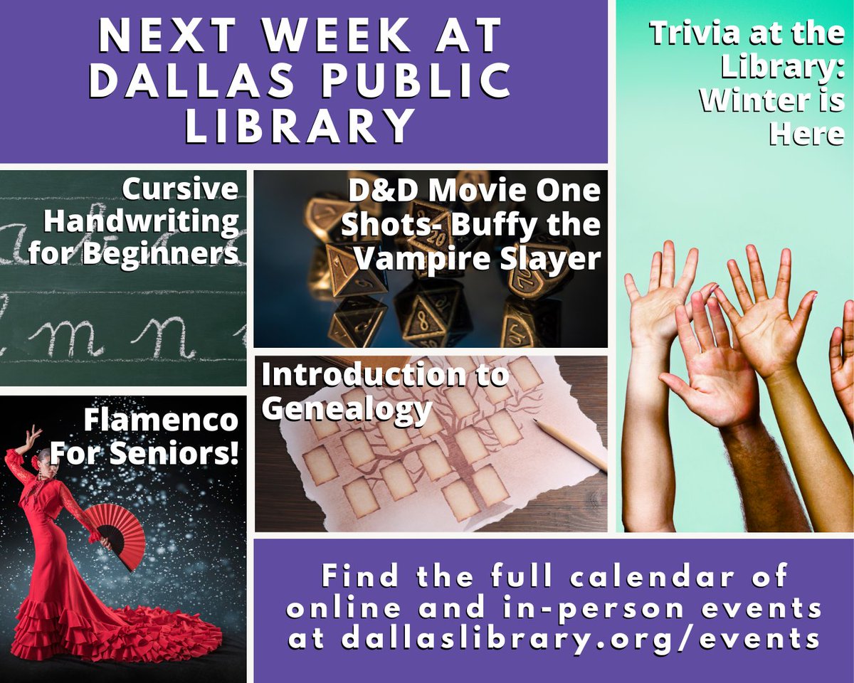 dallaslibrary's tweet photo. We're packing lots of great programs into a short week next week! See the full schedule at https://t.co/T3HMXMfp1t https://t.co/ciShKY7os0