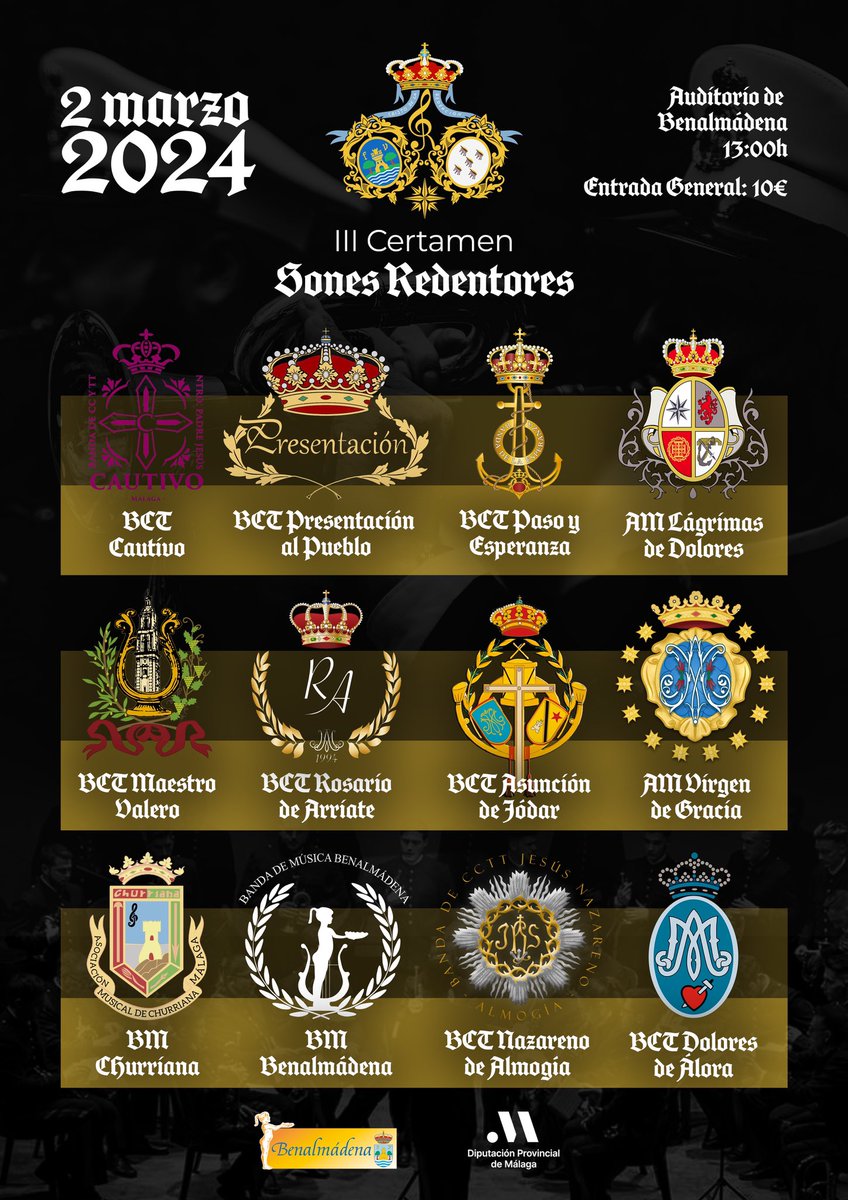 ~ 3ª Edición Sones Redentores ~

Os traemos el cartel 🪧 definitivo de esta tercera edición de nuestro certamen “Sones Redentores” 🎶.

Agradecemos la colaboración y ayuda mostrada en todo momento por parte del <a href="/BenalmadenaAyto/">Ayuntamiento de Benalmádena</a> y <a href="/diputacionMLG/">Diputación de Málaga</a> 

#sonesredentores