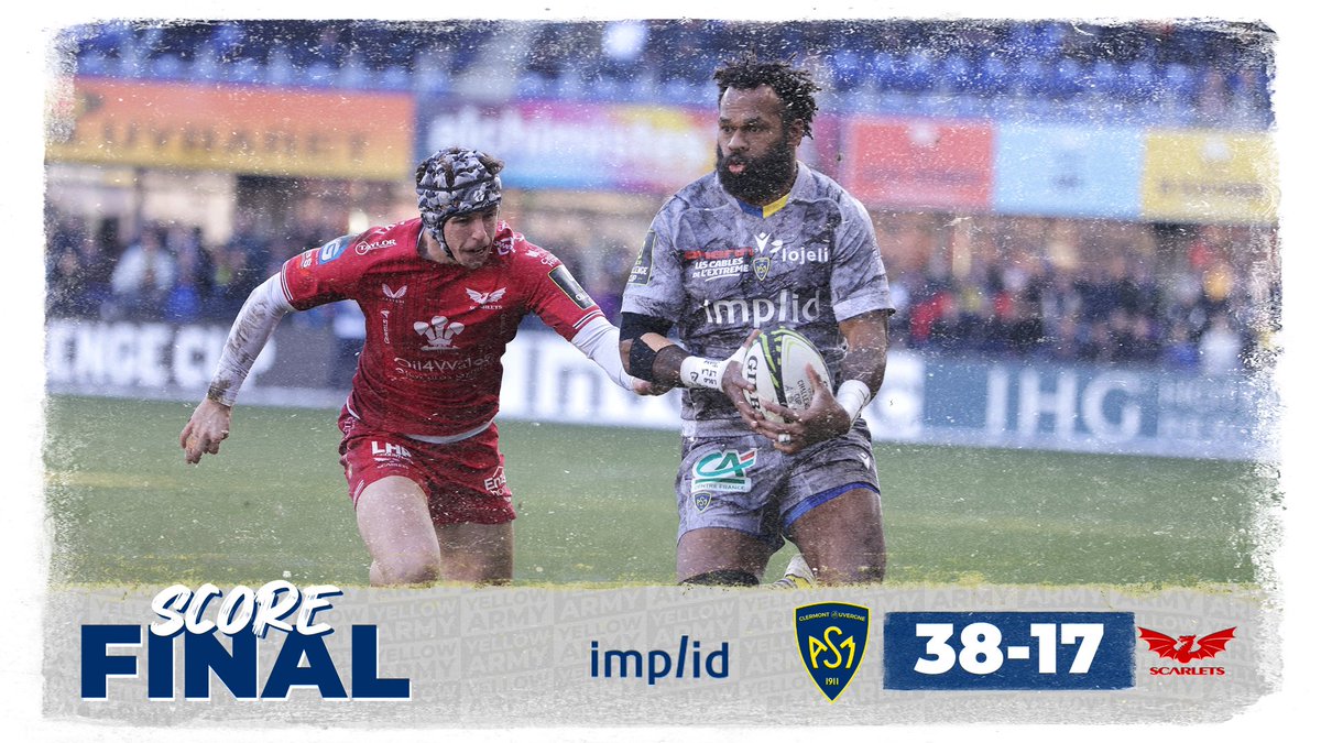 ASMOfficiel's tweet photo. #ASMvSCA | Score final by implid
Victoire bonifiée pour les Auvergnats qui empochent 5 points face aux scarlets et auront les cartes en main pour aller chercher la qualification en Géorgie 🇬🇪💥
#YellowArmy | @ChallengeCup_ https://t.co/Yg9uiATQLx