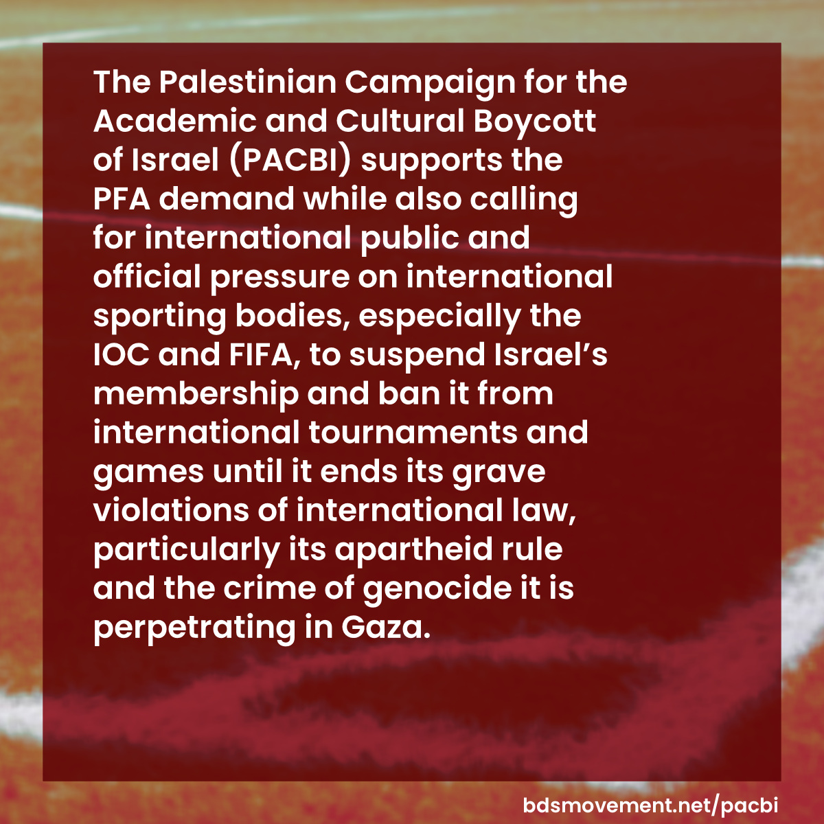 The Palestinian Football Association calls on @iocmedia, @FIFAcom and all regional and int'l sports bodies to take an urgent stance on Israel’s grave violations of human rights and subject it to legal accountability measures. loom.ly/ZMg-H-4