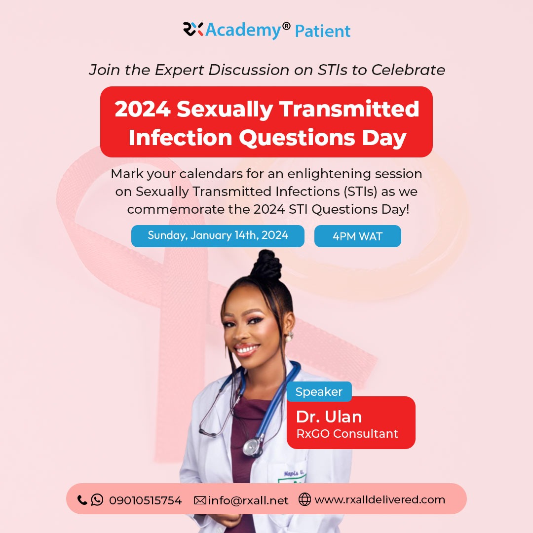 RxGoPharmacy's tweet photo. Mark your calendar for an enlightening session on Sexually Transmitted Infections (STIs) as we commemorate the 2024 STI Questions Day!

📅 Date: January 14, 2024
🕒 Time: 4 pm WAT
🎙 Speaker: Dr. Ulan, RxGO Consultant

 Meeting Link: https://t.co/wmJw1kUUCX https://t.co/lFQoNnbWo9