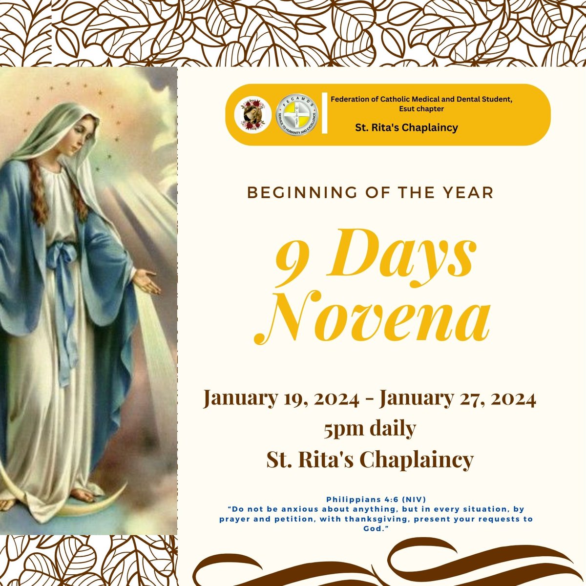 Fecamdsesut's tweet photo. FECAMDS!!!! In Christ We Heal The Sick!!! 🌹
We begin this year with 9DAYS NOVENA
  Date: Friday, 19th - Saturday, 27th January
  Time: 5pm daily
  Venue: St. Rita's Chaplaincy
    Start the year with Our lord and Savior Jesus Christ and Our Blessed Mother Mary😇
Happy New Year😊 https://t.co/hZ5CKLF7by