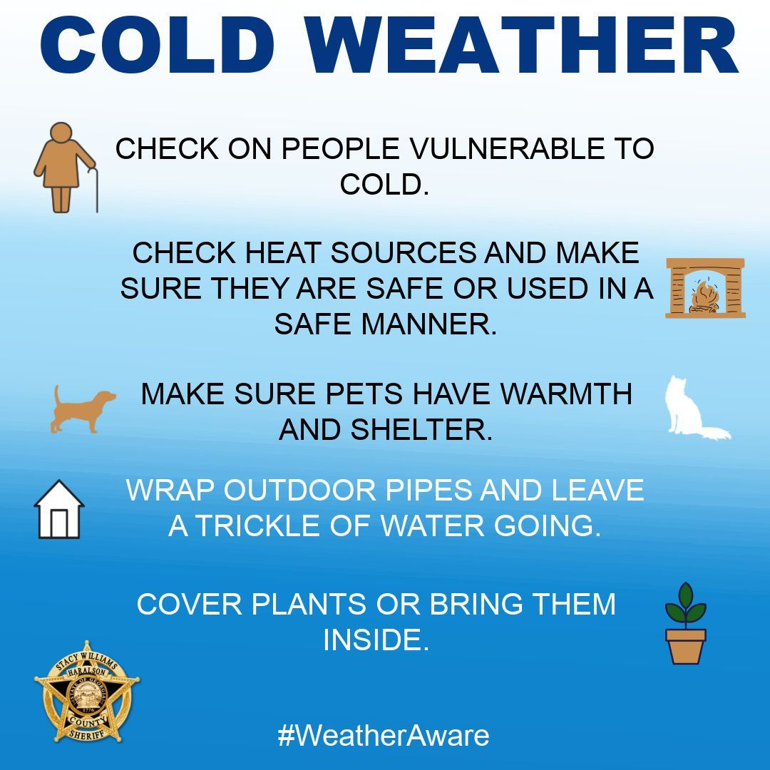 HaralsonSheriff's tweet photo. That freezing cold weather is coming folks so please get prepared now!
*Check on vulnerable people you may know.
*Make sure pets have shelter and warmth.
*Wrap exposed pipes and leave faucets dripping.
*Take precautions with plants.
#WinterInGeorgia
#ColdWeather
#HCSO https://t.co/Y3vRQOoXHu
