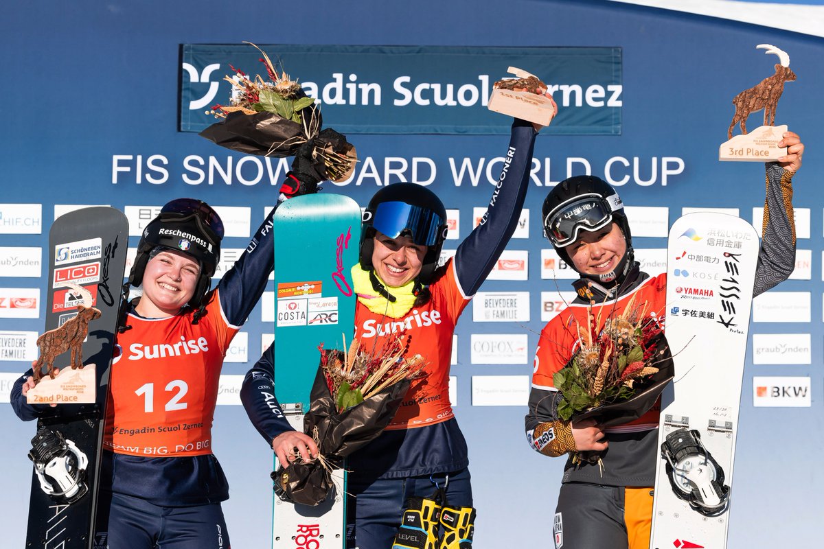 fissnowboard's tweet photo. FIS WC Parallel Giant Slalom Women's podium @ Scuol (SUI):
🥇 Lucia Dalmasso , ITA
🥈 Jasmin Coratti , ITA
🥉 Tsubaki Miki , JPN
#fissnowboardweltcupscuol #snowboardweltcupscuol #weltcup #scuol #engadin #naturmetropole_graubuenden #engadinized #fissnowboard https://t.co/xA2igiLaCt