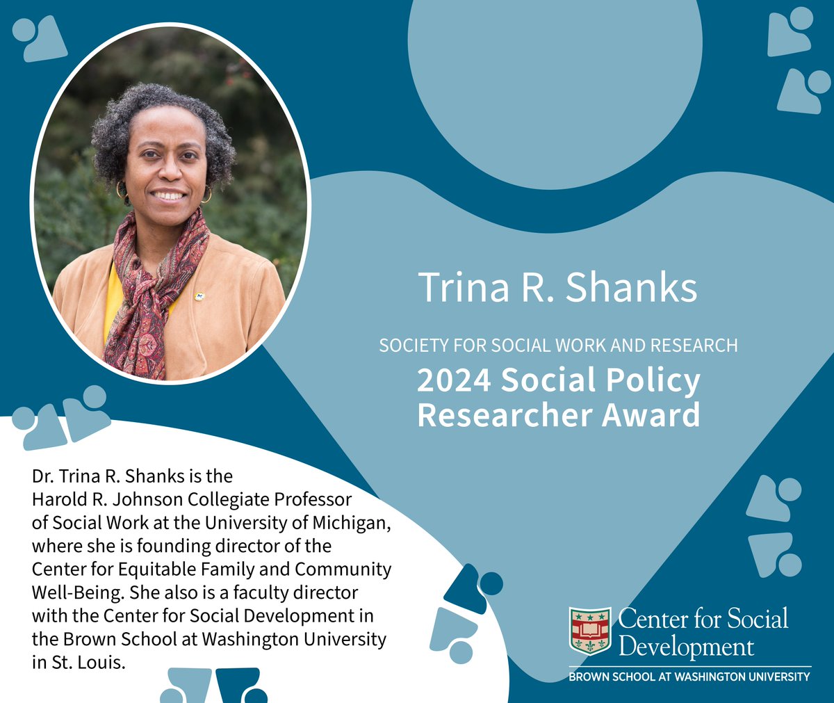 Congratulations to Faculty Director Trina Shanks (<a href="/TrinaShanks1/">Trina Shanks</a>), the Harold R. Johnson Collegiate Professor at <a href="/UMSocialWork/">University of Michigan School of Social Work</a>, on receipt of the #SSWR2024 Social Policy Researcher Award, which will be presented at today’s ceremony, 2 PM in Independence BR Salons D/E (ML 4).