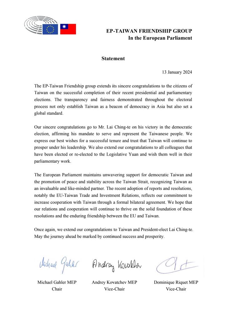 Taiwan is a like-minded democratic partner, as this election has once again confirmed. My congratulations to the newly elected President of Taiwan and the Legistlative Yuan, with wishes for peace, prosperity and success! I'm looking forward to continuing our good cooperation!