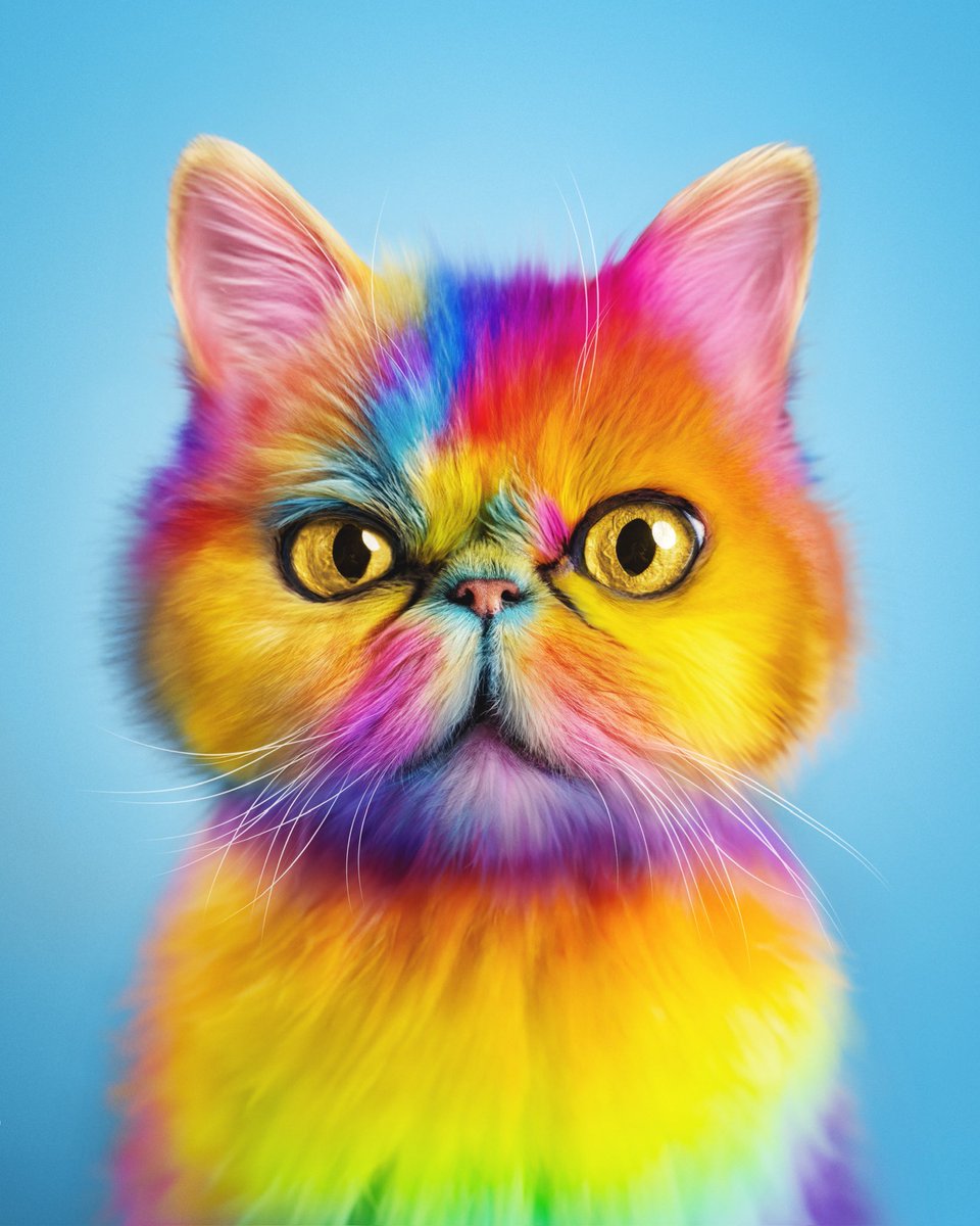 CheetoTuxedo's tweet photo. When you ask the groomer for a Lisa Frank makeover and end up with this. What do you think of my new rainbow hair? 🌈 😺
#LisaFrank  #FruitStripeGum https://t.co/CNfVzQDifP