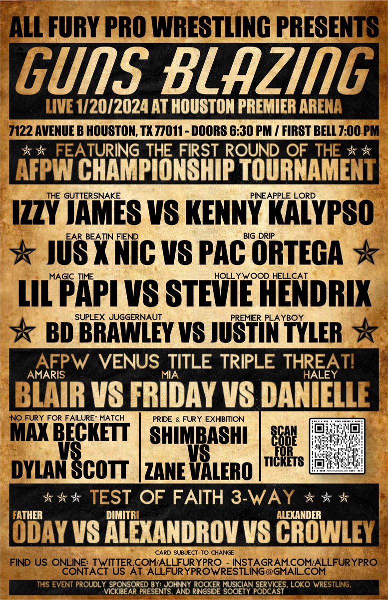 AllFuryPro's tweet image. ONE WEEK AWAY!

Our debut event #GunsBlazing is set to heat up Houston Premier Arena! Eight stellar matches that will set the tone for 2024!

Get tickets today and we’ll see you there!

🎟️: tiny.cc/AFPWGB