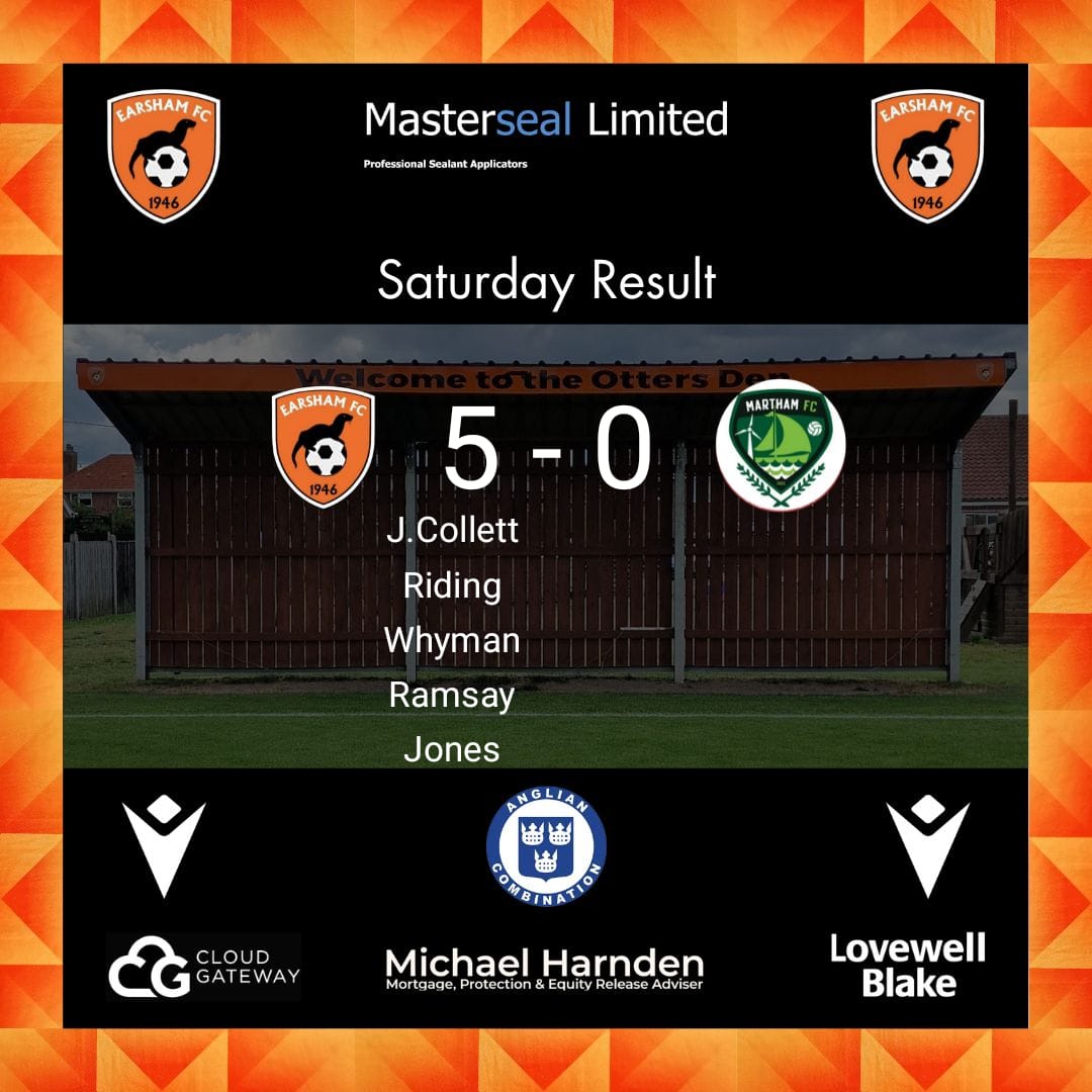 TheEarsham's tweet photo. Into the Semi finals with an emphatic 5-0 win! J.Collett got things rolling with a tap in before a deflected Riding strike. Whyman then finished well before a Ramsay bullet header made it 4. Jones then marked his return to the club to round off a fantastic team display. #orange https://t.co/1BbPV20Lrc