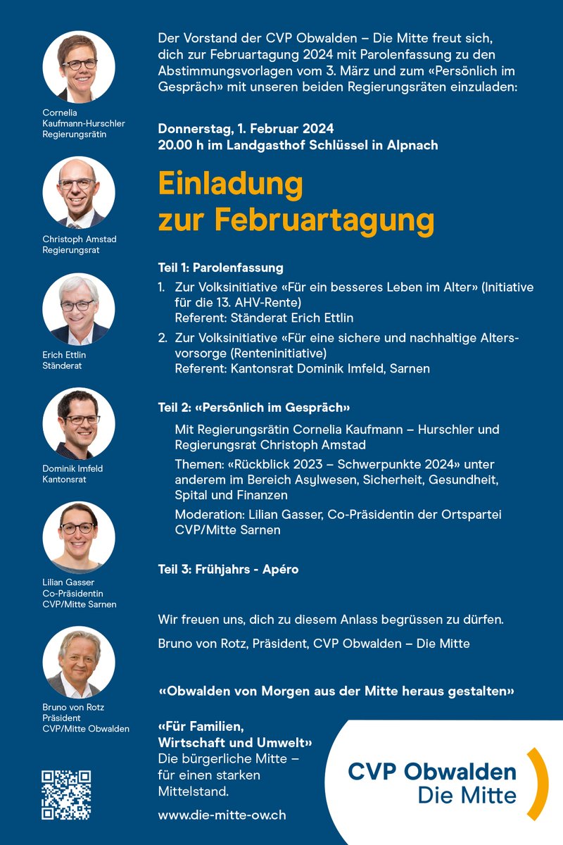 Gerne laden wir euch am 1. Februar 2024 um 20.00 Uhr im Landgasthof Schlüssel in Alpnach, zur Februartagung ein. 
Wir fassen die Parolen zu zwei Volksinitiativen. Im zweiten Teil werden unsere Regierungsräte einen Rückblick auf das Jahr 2023 geben.

Wir freuen uns auf dich!