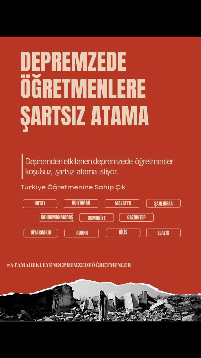 Sayın <a href="/OzlemGurses/">Özlem Gürses</a> ,
Deprem bölgesnde yaşam mücadelesi veren ataması gerçekleşmemiş depremzede öğretmenlerin sesini duyan yok maalesef.İş yok, aş yok,umut yok. Şartsız atama bekliyoruz. Başka çaremiz yok.
İktidar da muhalefet de bizi duymuyr, duymak istemiyr.Lütfen sesimz olun 🙏🏻