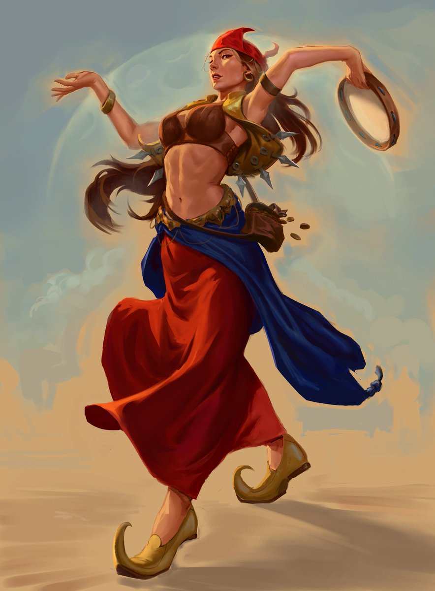 Astrovart's tweet photo. In the shadows, the rogue gypsy dancer enchants with her cunning dance. Movements that whisper secrets and hypnotize hearts. A symphony of seduction and skill. 🌙💃✨ #RPG #Character #ArtOfDance https://t.co/uIF3RPM6Cg