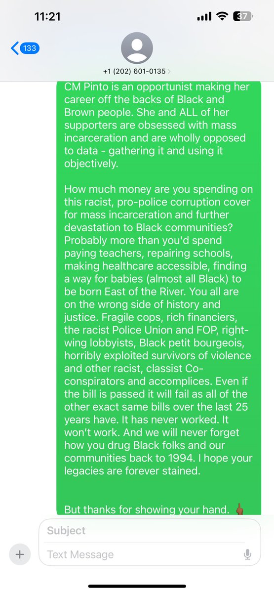 I got this text from <a href="/CMBrookePinto/">Councilmember Brooke Pinto</a>’s shadow campaign this morning…

“DC New Liberals and Opportunity DC”

It's a sign-on asking to support her crime bill.

Going to make sure folks know this is a set up. They will use you signing on to justify giving police more power to