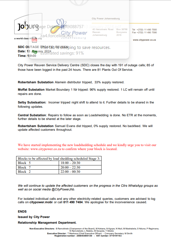 CityPowerJhb's tweet photo. #JoburgUpdates #ReuvenSDC
Sitting with 191 outage calls, 85 of them having been logged over 24hrs. #MoffatSubstation #SelbySubstation #CentralSubstation #RobertshamSubstation ^IM https://t.co/7J95iNkywP