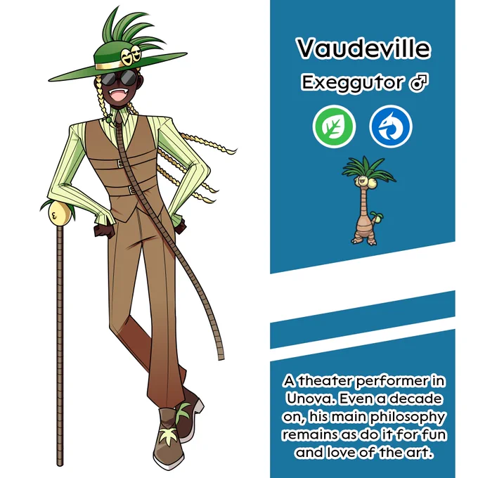 [#PokemonScarletViolet] Second half of my Indigo Disk team gijinka, featuring my Alolan Exeggutor, Incineroar, and Primarina (and some extra lore doodles)!
