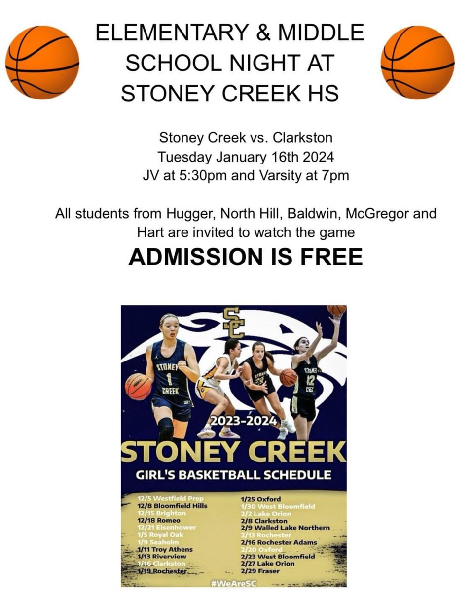 This Tuesday we are hosting elementary and middle school night! Come out and watch us go to battle with <a href="/ClarkstonGBB/">ClarkstonGBB</a> in the first OAA 🔴 match up! #WeAreSC <a href="/coach_lumbo/">Coach Lumbo</a> <a href="/CoachIvezaj/">Zoran Ivezaj</a>  <a href="/BK2THEFULLEST/">Brandon Karas</a>  <a href="/CoachKluzak/">Jason Kluzak</a> <a href="/StoneyCreek_AD/">Stoney Creek AD</a>