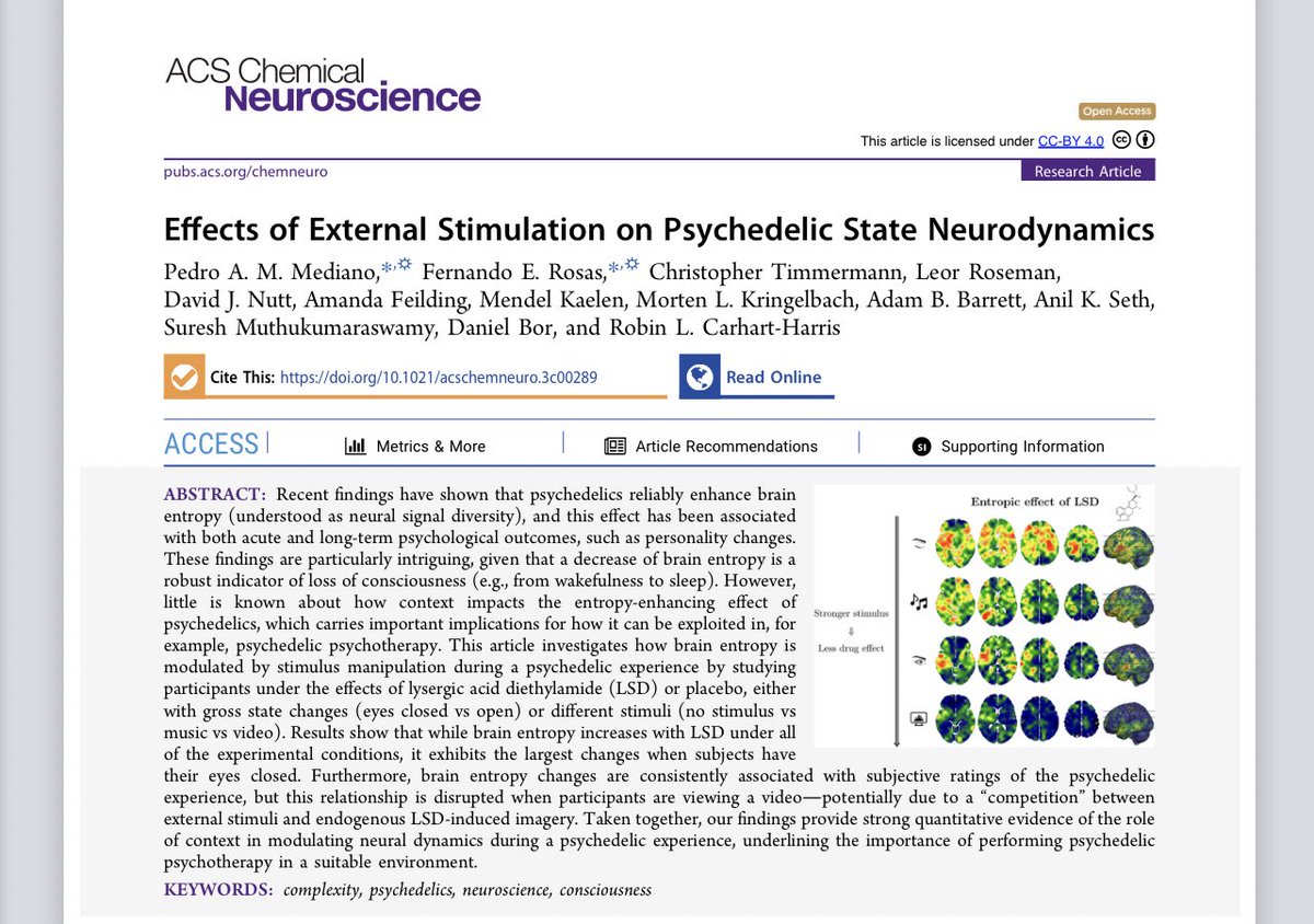 Is silent darkness the way to get the most intense psychedelic experiences? 

A new  paper from our group with P. Mediano, <a href="/_fernando_rosas/">Fernando Rosas 🦋</a>, <a href="/neurodelia/">Chris Timmermann</a>, <a href="/RCarhartHarris/">Robin Carhart-Harris</a> et al shows that tripping is most intense when sensory stimulation is low/minimal. 🍄 pubs.acs.org/doi/10.1021/ac…