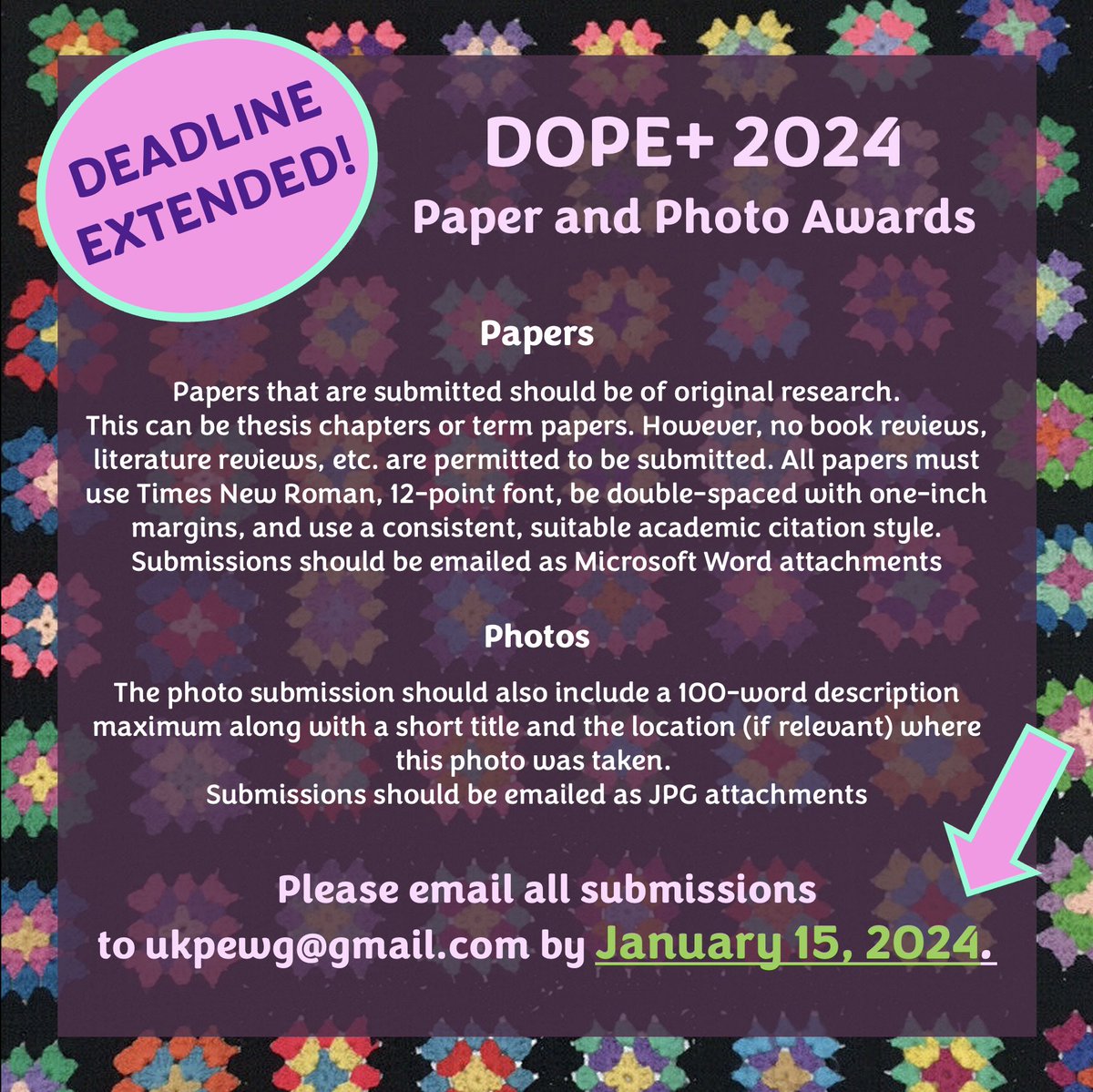 Deadline for paper and photo awards extended to this coming Monday, the 15th! If you were considering submitting something then feel free to take the weekend to send it our way!