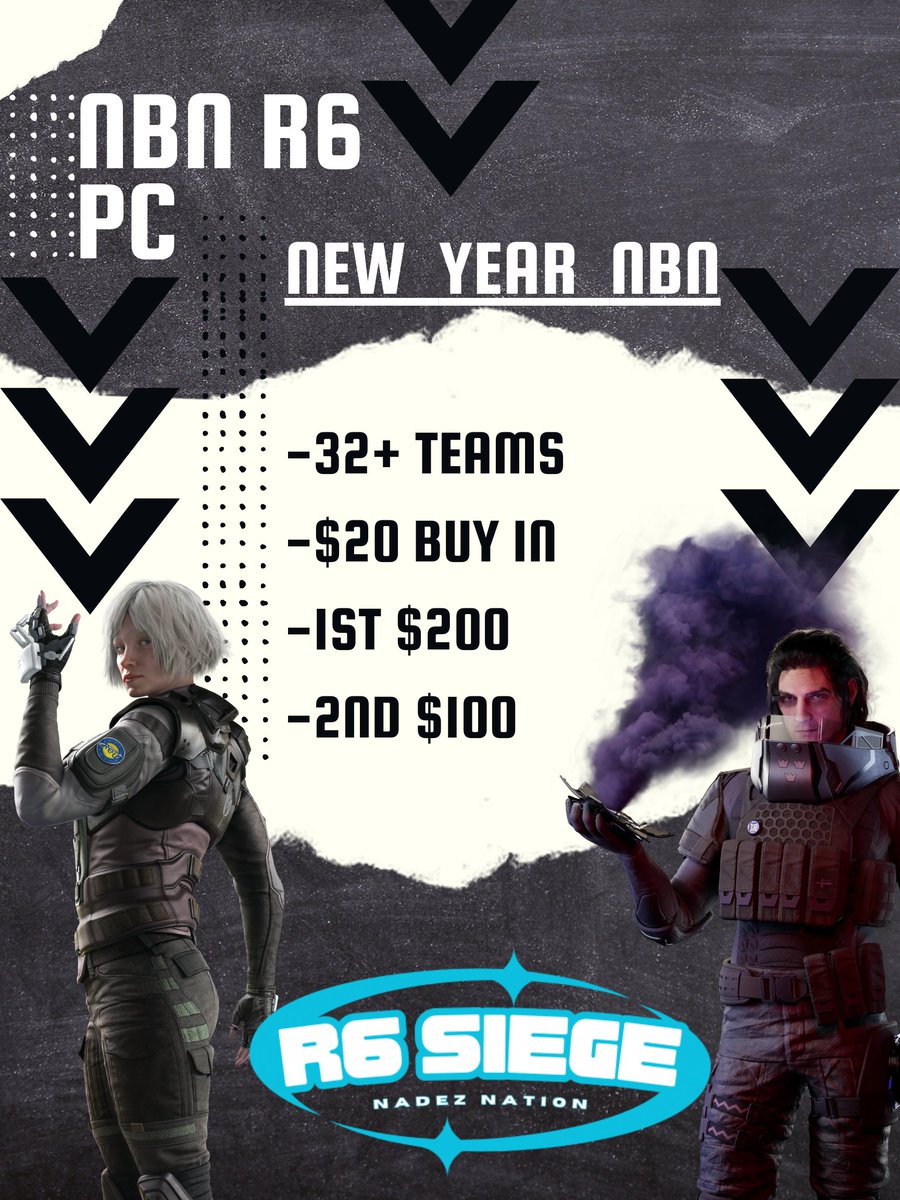 NadezNation_R6's tweet photo. Does your team have the skill to take home the first win of NBNR6 PC? Come prove it in #NewYearNBNR6 Registrations are open and the event starts:

February 9th at 6pm est

https://t.co/YoJ7z9y59S

#RainbowSixSiege #NorthAmerica #Tournament https://t.co/mX8bAyzYWr