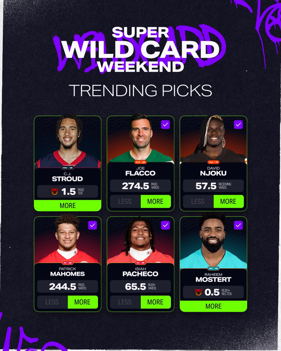 PrizePicks's tweet photo. WILD CARD WEEKEND IS HERE 🔥

Which projection are you rocking with today? 👀 https://t.co/E6IFuc2dSZ