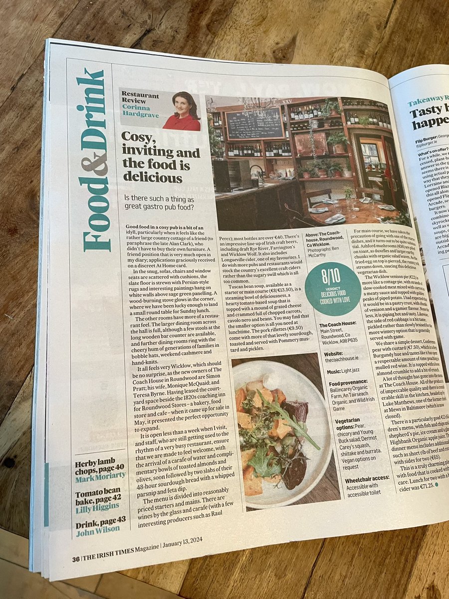 irish_writing's tweet image. While there’s closures in the restaurant sector we’ve also openings; The Coachhouse in Roundwood gets the once over from @CorinaHardgrave. there’s also @MarkMoriarty1, @mcdigby, @Wilsononwine and @lilyhiggins - great food and drink writing in the @IrishTimesMag today #buyspaper