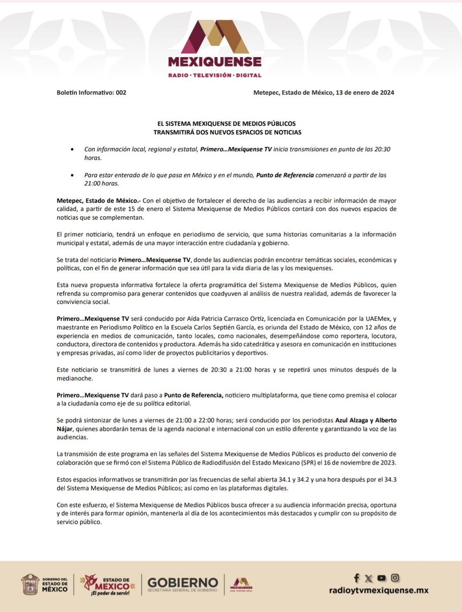 MexiquenseTV's tweet photo. 📄 El Sistema Mexiquense de Medios Públicos estrena programación. 

A partir de este lunes 15 de enero 👇

🗞️ Primero...Mexiquense TV con @Aida_Carrasco
⏰ Lunes a viernes de 20:30 a 21:00h.

🗞️ @ReferenciaMex con @azulalzaga y @anajarnajar
⏰ Lunes a viernes de 21:00 a 22:00h. https://t.co/5yXJNSaJrN