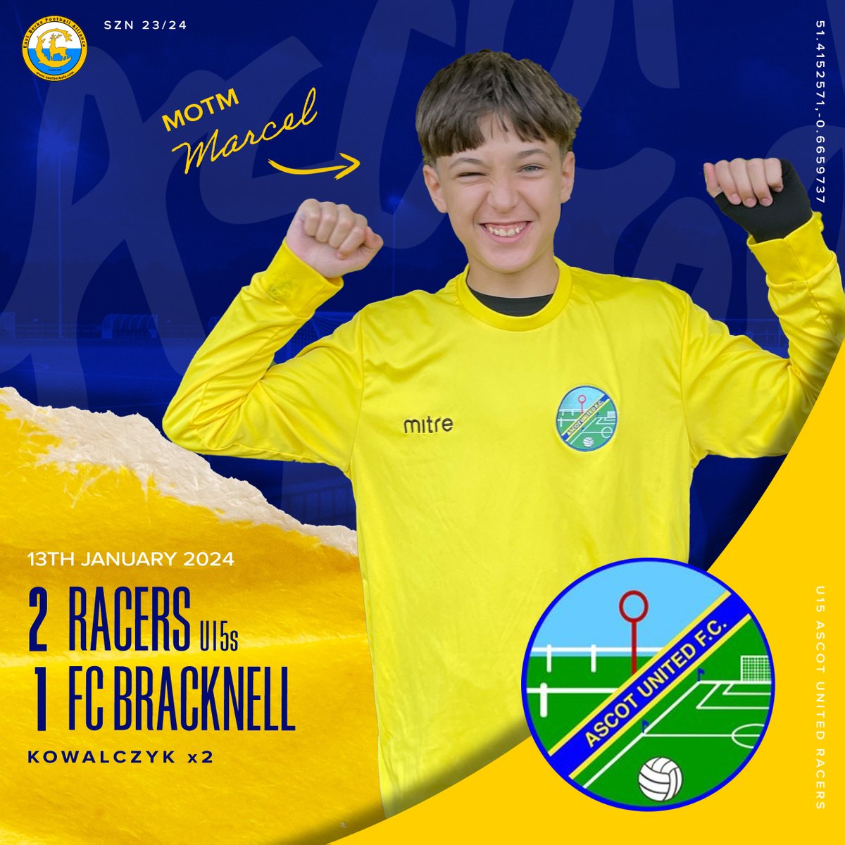 Great start to 2024 for the <a href="/AscotUnitedFC/">Ascot United FC</a> U15 Racers. It wasn't pretty, but we're pleased to take the 3 points against a very well-organised <a href="/FCBracknell/">F.C Bracknell</a> 

💛💙 #WeAreAscot