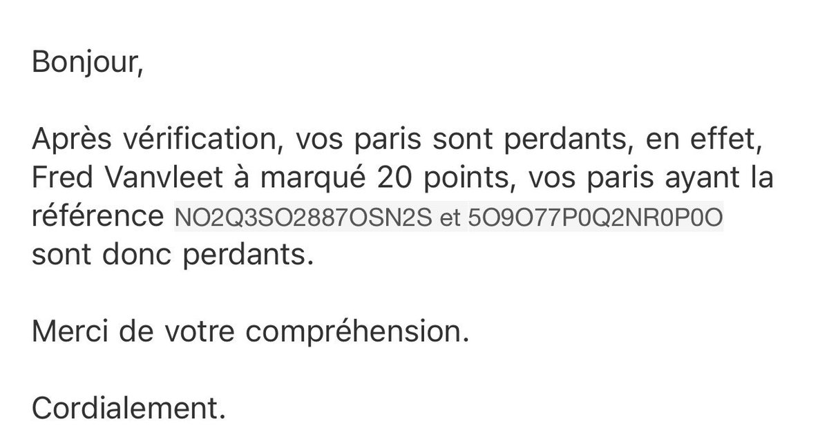 Le Mรฉdia Parieurs (@mediaparieurs) on Twitter photo Voilร rรฉponse lunaire quโa reรงu le parieur suite ร sa demande au service client โฆ!
<a href="/ANJ_FR/">Autoritรฉ nationale des jeux</a> vous faites des audits sur le bon fonctionnement des books ou pas ? Comme vous avez un beau budget annuel, jโespรจre que รงa rentre dans vos missions ๐คก
<a href="/ZEbetFr/">ZEbet ๐</a> Merci de payer le client Voilร rรฉponse lunaire quโa reรงu le parieur suite ร sa demande au service client โฆ!
<a href="/ANJ_FR/">Autoritรฉ nationale des jeux</a> vous faites des audits sur le bon fonctionnement des books ou pas ? Comme vous avez un beau budget annuel, jโespรจre que รงa rentre dans vos missions ๐คก
<a href="/ZEbetFr/">ZEbet ๐</a> Merci de payer le client