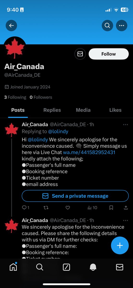 Hey <a href="/AirCanada/">Air Canada</a> are you aware there are multiple profiles phishing for your customers info?