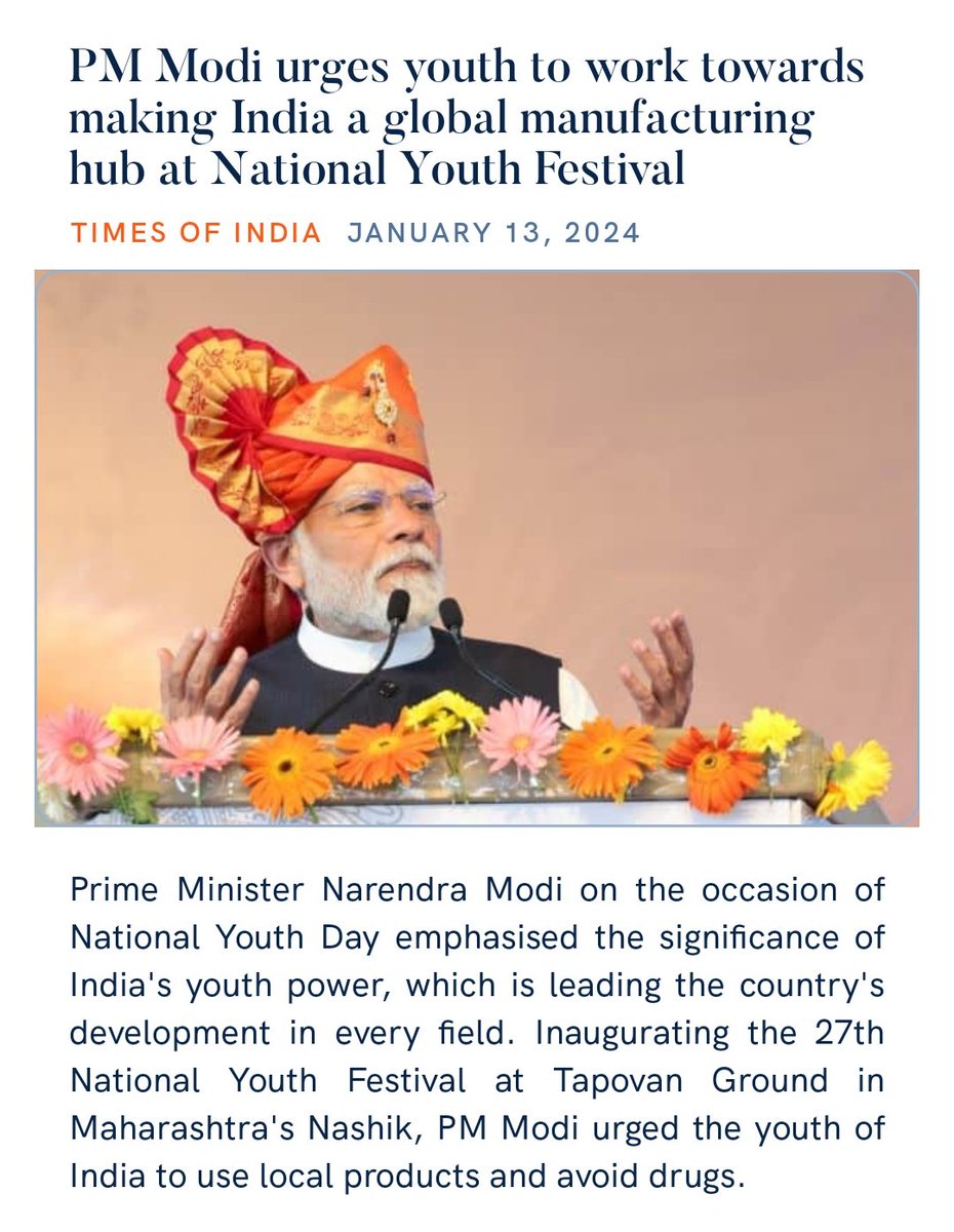NidwadeAnna's tweet photo. PM Modi urges youth to work towards making India a global manufacturing hub at National Youth Festival
https://t.co/WTCRzsG6QS

via NaMo App https://t.co/u4kt3gqpMI