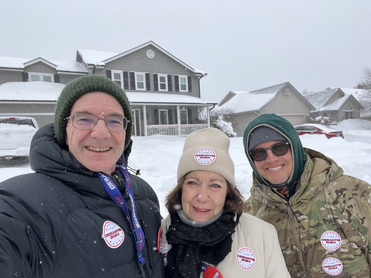 Door to door w/ ⁦@RonDeSantis⁩’ mom in 2 degree cold in #Iowa. It’s all about renewing America w/ Ron’s courage, conviction & competence. Ps- Ron’s mom is from Florida. She’s one of hundreds from out of state to join w/ Iowans like ⁦@KimReynoldsIA⁩ to save America.