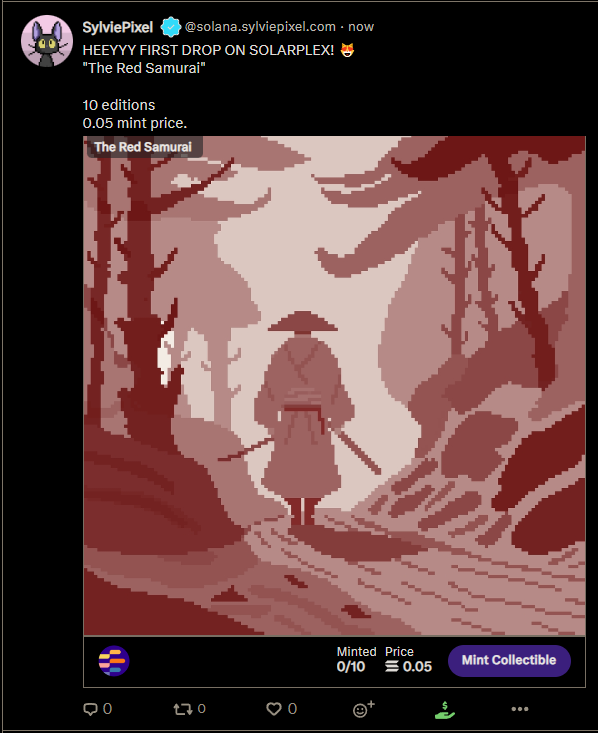 HEYY NEW DROP ON <a href="/solarplex_xyz/">Solarplex ⭕️</a> 😻
"The Red Samurai"😻

I just minted my first drop on solarplex and giving 4 invite codes! 😻 Just comment below if you want a code!

10 EDS
0.05 SOL mint price

LINK⬇️⬇️⬇️