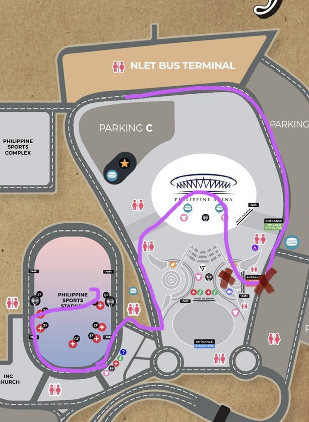nootjjihoon's tweet photo. To STANDING attendees.

We lined up as early as 10am. This whole walk/line took us 6 hours. ❌ in photo are choke points where either (1) ppl would cut in line or (2) line would take a while and end up being messy before strapping bc of lack of instructions from staff. https://t.co/fK01KU8Thm