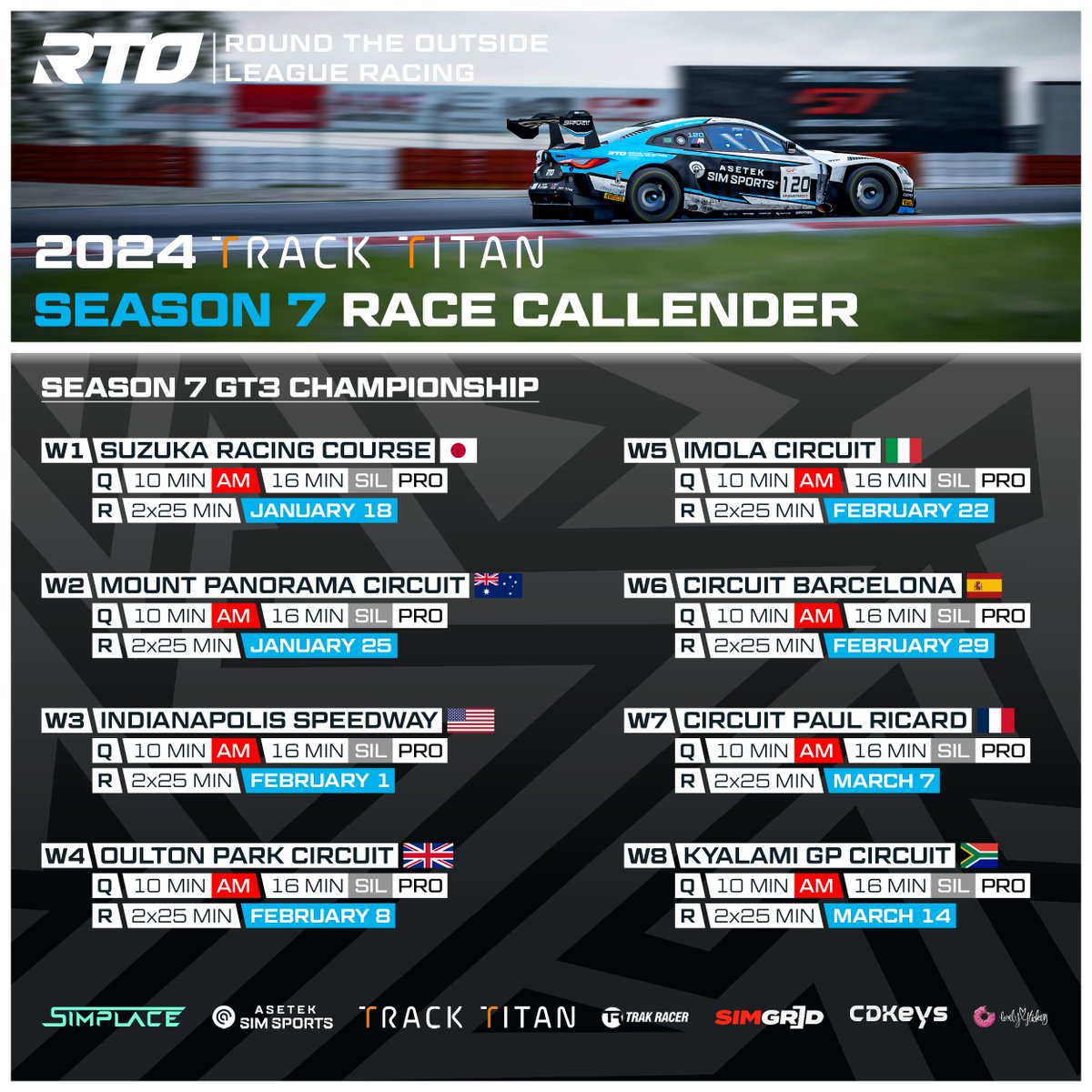 5 More days until 🟩🟩🟩! RTO Season 7 GT3 racing in <a href="/AC_assettocorsa/">Assetto Corsa</a> Competizione, sponsored by <a href="/tracktitanio/">Track Titan</a> ! Top 3 finishers in class will receive a prize from Track Titan at the end of the season!

#Simracing