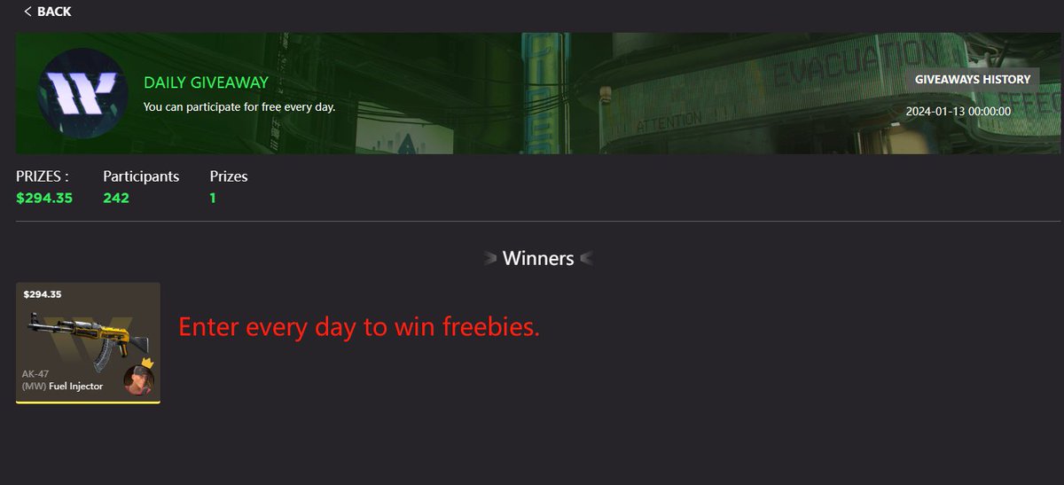 Congratulations to this user for winning the freebie. ‍If you want to participate, you can ‍click here wgskins.shop/?channelCode=9…
#csgo #csgoskins #CSGOROLL