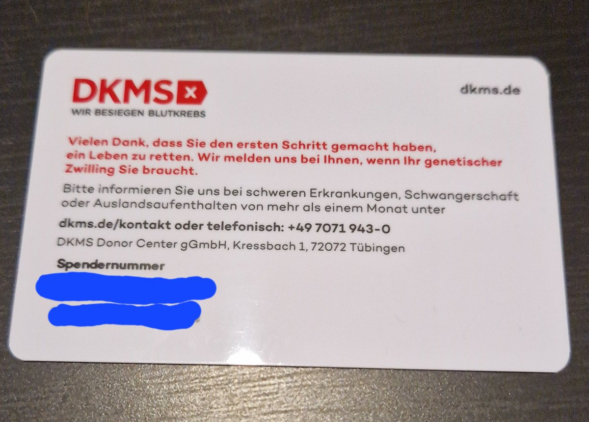 Heute ist meine Spendercard der @DKMS_de angekommen. Vielleicht möchten sich ja noch ein paar Leute aus der #S04 Bubble für eine mögliche #Stammzellspende registrieren. Es ist einfach, kostenlos und kann Leben retten.
GEmeinsam gegen Blutkrebs