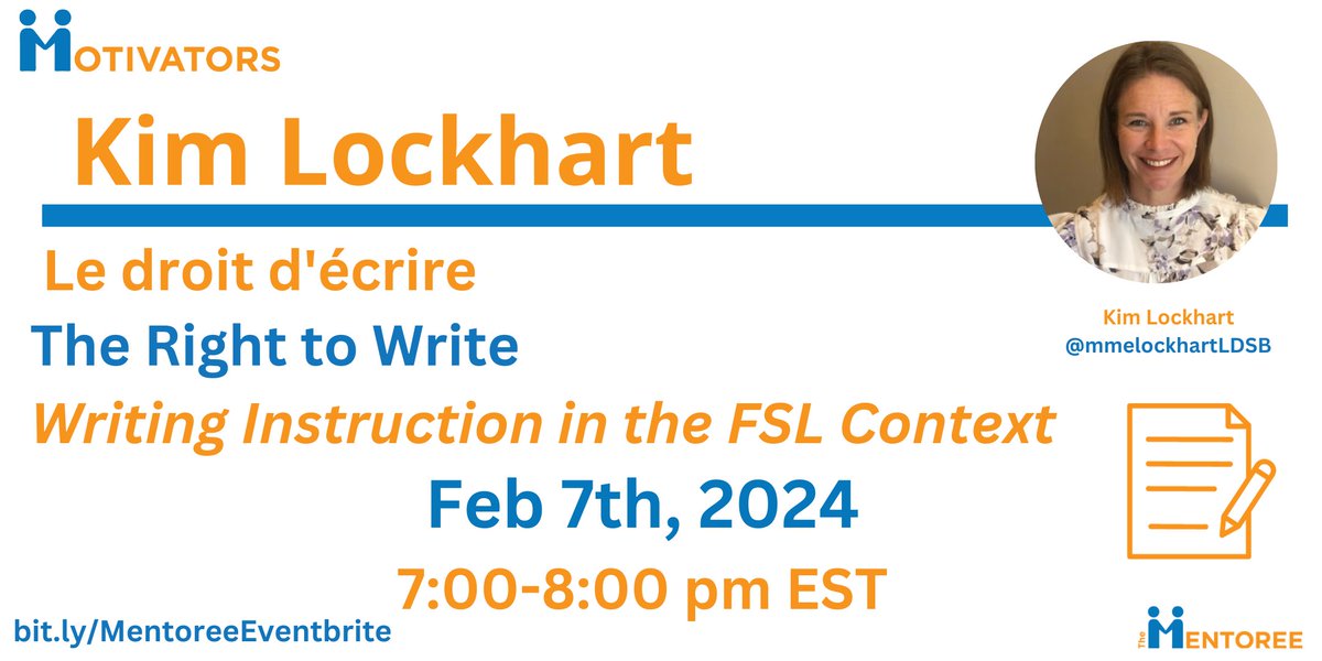 We are thrilled that <a href="/MmeLockhartLDSB/">Mme Lockhart</a> will be leading Le droit d'écrire- the Right to Write. This Motivators session has a change of date to Feb 7th from 7-8pm EST. You can learn more and register on our page at bit.ly/MentoreeEventb…. #writinginstruction #FSL #French #bilteracy