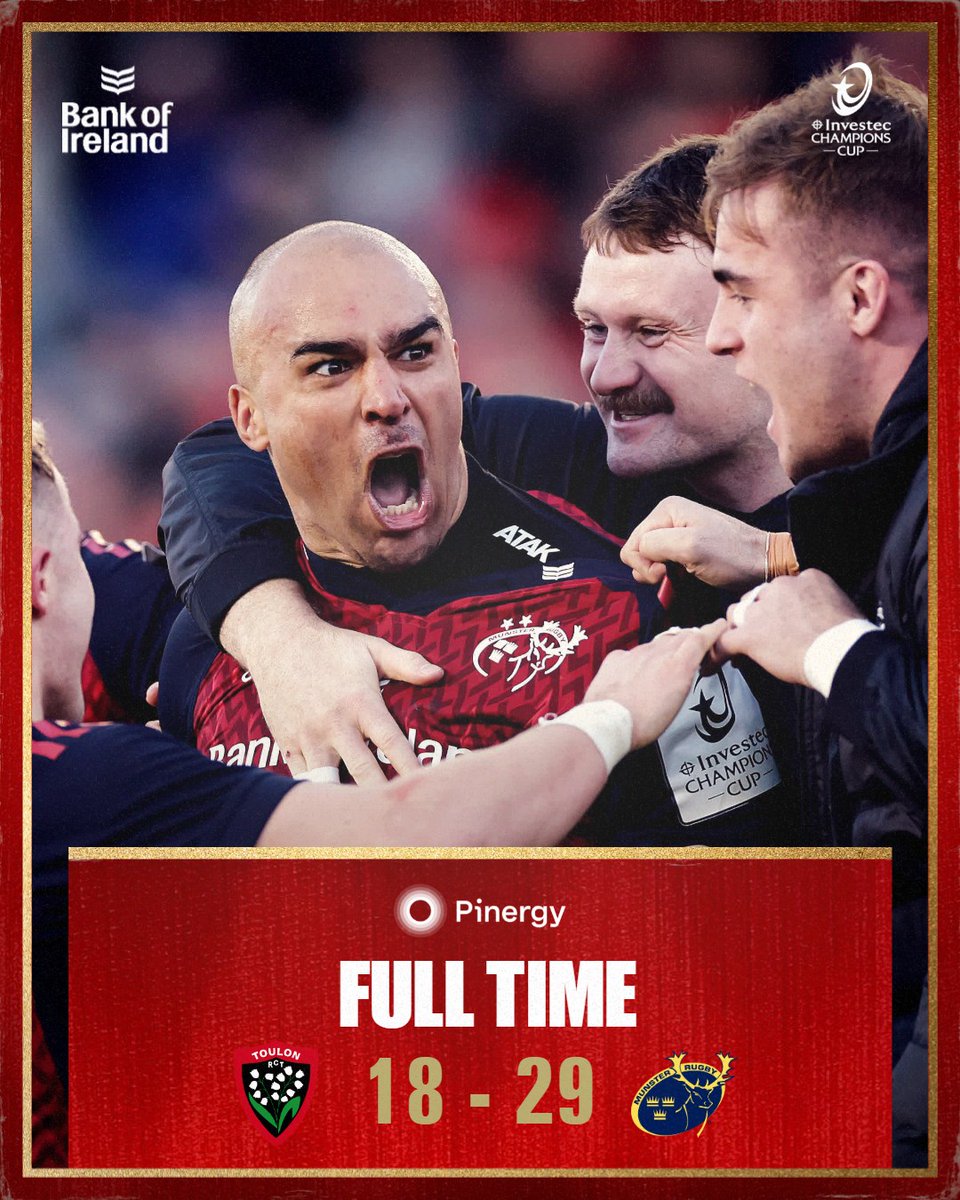 FULL TIME: RC Toulon 18-29 Munster

A magnificent BP win to keep us alive in the #InvestecChampionsCup 🥳

A 1st ever win at Stade Mayol with Alex Nankivell, Simon Zebo, Tom Ahern &amp; Calvin Nash scoring the tries.

Jack Crowley with 9 points off the tee.

#RCTvMUN #SUAF 🔴