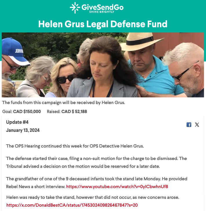 DonaldBestCA's tweet photo. Ottawa Police refuse to allow Detective Grus's Alberta lawyers to appear via video conference for a 2hr meeting - forcing Helen to fly them to Ottawa.

@OttawaPolice are trying to break this dedicated officer financially, as well as fire her.

Please support Detective Grus - who is charged for launching an investigation into a cluster of infant deaths potentially linked to mRNA jabs. 

Update for the Detective Grus defense fundraising...

https://t.co/5QkWoTsf6E