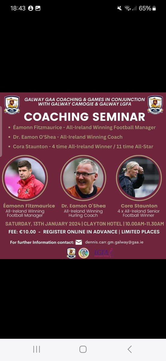 Really enjoyable @CoachingGalway seminar this morning in the Clayton Hotel. Lots of really fantastic coaching nuggets to take away for coaches at every level. Huge thanks to @efitz6 @duckie15 & Eamon O Shea for sharing their experiences.