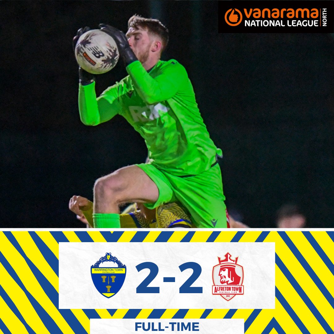 theyellows's tweet photo. FULL TIME | Warrington Town 2-2 Alfreton Town

Unbelievable scenes at Cantilever Park as for the second time this season, goalkeeper Dan Atherton heads home an injury time equaliser after Andre Wisdom's fine solo goal started a late comeback. https://t.co/GTZWyWCfD7
